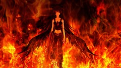 Fire red weapons wings black background red eyes flames anime 