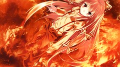 Fire red white hair red eyes flames bows shirts pants blush 