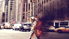 Fire smoke cars street astronauts cities burning vehicles 