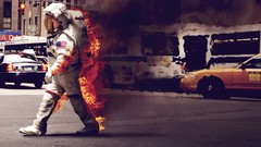 Fire smoke street astronauts walk burn space suits like a boss
