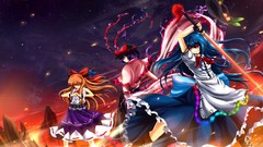 Fire weapons dress hats red eyes Ribbons blue hair anime girls 