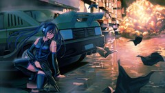 Fire weapons headphones Anime blue hair long hair anime girls 