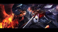 Fire weapons wings armor red eyes lance skirts long hair anime 