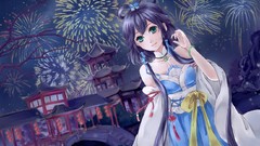 Fireworks blue hair long hair green eyes vocaloid bare 