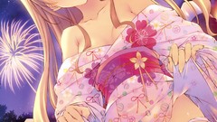 Fireworks red eyes blondes long hair anime girls cleavage 