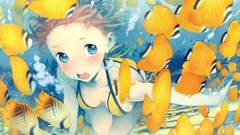 Fish underwater anime girls brunettes short hair open mouth 