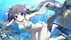 Fish underwater diving anime girls brunettes turtles purple 