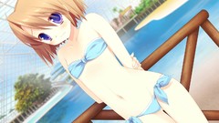 Flat brown chest anime girls blue eyes short hair game cg 