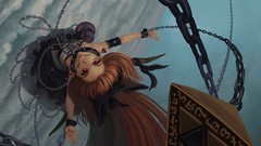 Flight clouds sky weapons grin chains anime girls skies touhou 