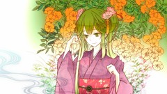 Flower wall kimono anime girls green eyes green hair twintails 