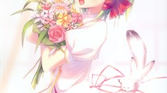 Flowers Animals anime girls green hair nekomimi cat ears 