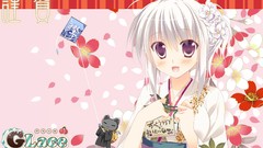 Flowers Animals cats white hair kimono blush anime girls blue 
