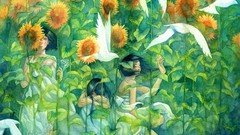 Flowers Animals Sunflowers Birds watercolor taupe