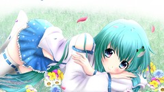 Flowers anime girls kochiya sanae touhou lying down yuuki thigh 