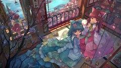 Flowers balls branches dolls dress red dress houses buildings 