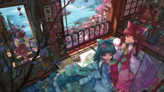 Flowers balls branches dolls dress sitting red dress buildings 