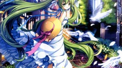 Flowers Birds Anime hats cities anime girls green eyes streets 