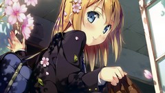Flowers blush anime girls blue eyes school uniforms short hair 