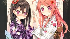 Flowers blush anime girls brunettes yukata Japanese clothes 