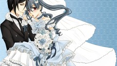 Flowers bouquet Anime dress tie red eyes wedding suit brunettes 