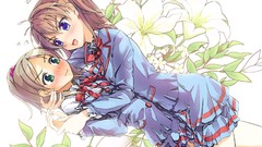 Flowers brown blush long hair anime girls blue eyes green eyes 