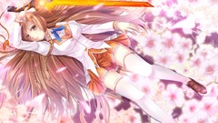 Flowers brown Swords skirts long hair anime girls braids 