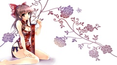 Flowers Butterflies Plants brush red eyes sitting red dress 