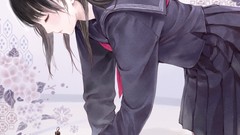 Flowers calligraphy Brushes schoolgirls skirts long hair anime 