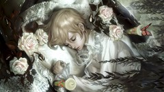 Flowers Candles blondes anime girls coffin short hair lying 