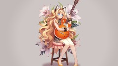 Flowers chairs sitting guitars blondes skirts long hair anime 