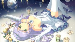 Flowers Christmas dress anime girls green eyes purple hair 