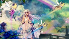 Flowers clouds Birds Plants bees Umbrellas white hair long hair 