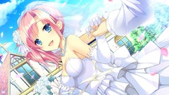 Flowers clouds dress wedding Ribbons pink hair blue eyes short 