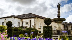 Flowers clouds fountain Portugal houses Castles skies cloudy 