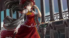 Flowers clouds red dress long hair brunettes hakurei reimu bare 