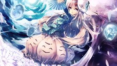 Flowers clouds sky moon fans pink hair pink eyes anime girls 