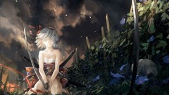 Flowers clouds weapons Plants Katana white hair red eyes 