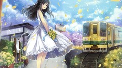 Flowers clouds wind bouquet dress Ribbons buildings smiling 