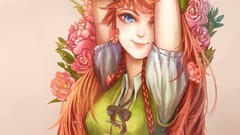 Flowers dress faces bows long hair anime girls blue eyes braids 