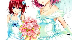 Flowers dress pink hair anime girls blue eyes short hair brides 