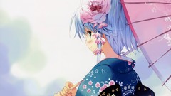 Flowers dress Umbrellas kimono blush blue hair smiling anime 