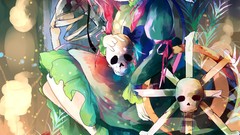 Flowers dress wheelbarrow Profile fireflies Bones red eyes 