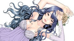 Flowers dress white background gloves blue hair long hair brown 