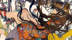 Flowers fish Anime brown long hair anime girls blue eyes 