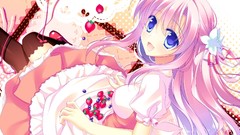 Flowers food dress fruits pink hair long hair anime girls blue 