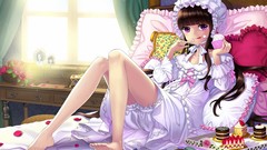 Flowers food roses Anime beds eat barefoot anime girls macaron 