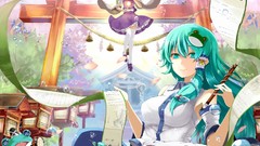 Flowers Frogs anime girls kochiya sanae touhou purple hair 