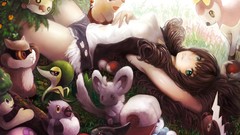 Flowers grass Anime brown Shorts Pokemon anime girls green eyes 