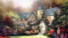 Flowers grass houses paths