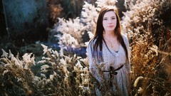 Flowers grass woman brunettes Claire Marley